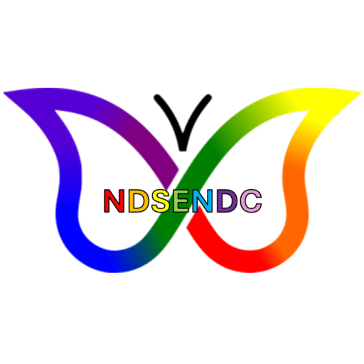 NDSENDC Logo: A rainbow ADHD butterfly symbol with NDSENDC written in rainbow writing in the middle.