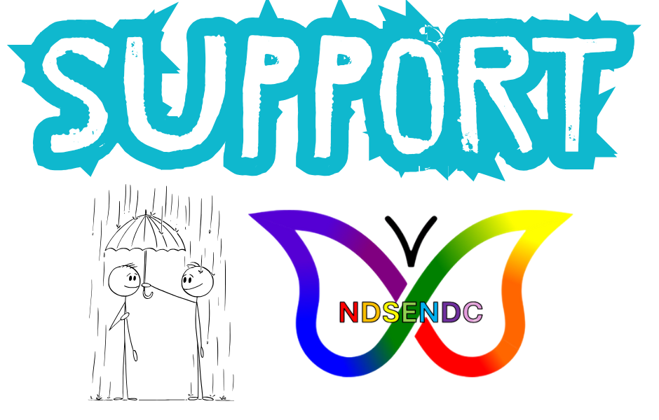 The word 'Support' with a graphic of one stick person holding an umbrella over another stick person's head in the rain with the NDSENDC logo