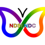 NDSENDC Logo: A rainbow ADHD butterfly symbol with NDSENDC written in rainbow writing in the middle.