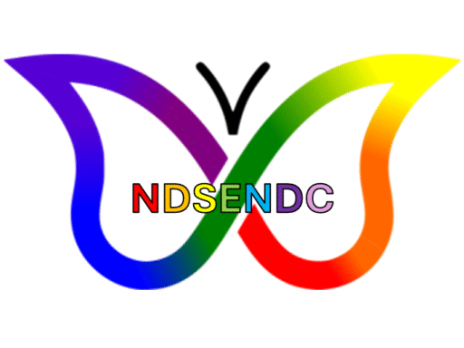 NDSENDC Logo: A rainbow ADHD butterfly symbol with NDSENDC written in rainbow writing in the middle.